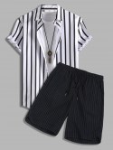Striped Short Sleeves Shirt And Drawstring Shorts Set