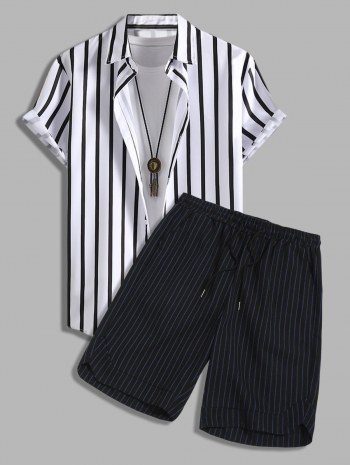 Striped Short Sleeves Shirt And Drawstring Shorts Set