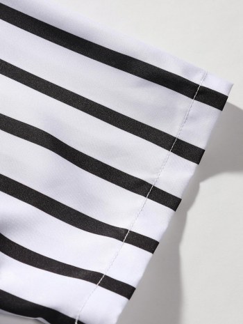 Striped Short Sleeves Shirt And Drawstring Shorts Set