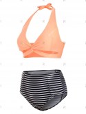 Striped Twist Halter High Rise Bikini Swimwear