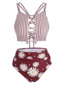 Stripes Daisy Print Lattice Criss Cross Tankini Swimwear