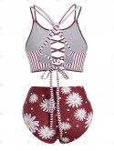 Stripes Daisy Print Lattice Criss Cross Tankini Swimwear