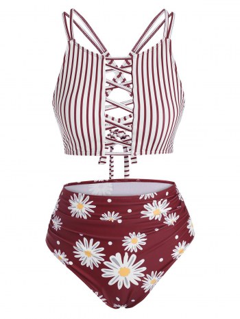 Stripes Daisy Print Lattice Criss Cross Tankini Swimwear