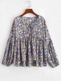 Tie Collar Floral Lantern Sleeve Blouse