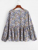 Tie Collar Floral Lantern Sleeve Blouse