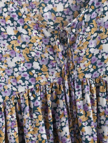 Tie Collar Floral Lantern Sleeve Blouse