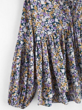 Tie Collar Floral Lantern Sleeve Blouse