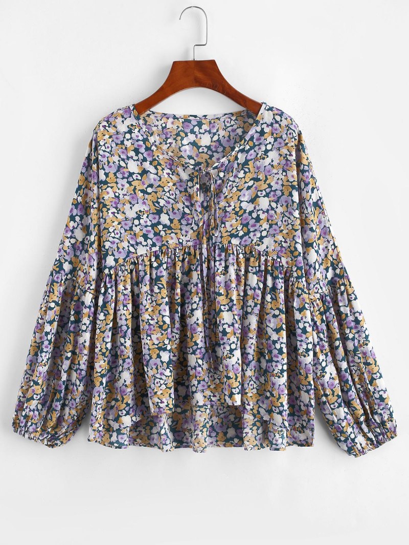 Tie Collar Floral Lantern Sleeve Blouse