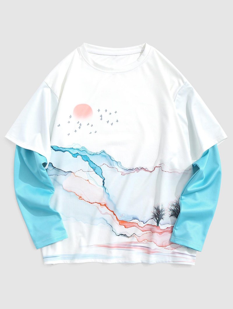 Tie Dye Mountain Sun Print Doctor Sleeve T-shirt