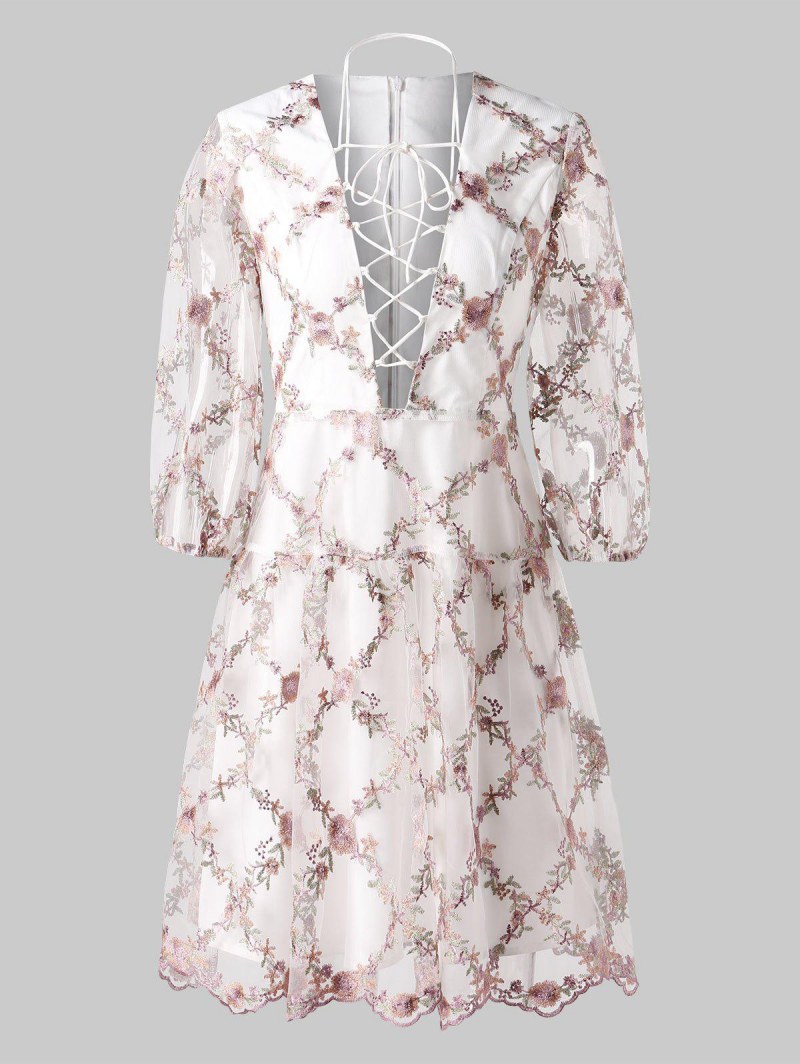 Tiny Floral Embroidery Low Cut Cocktail Dress