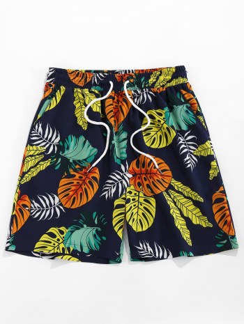 Tropical Leaves Print Beach Shorts
