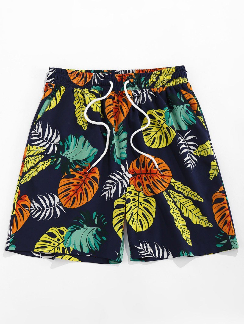 Tropical Leaves Print Beach Shorts
