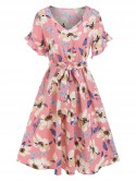 V Neck Flower Print Belted Dress