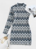Zig Zag Geo One Sleeve Mock Neck Bodycon Dress