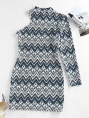 Zig Zag Geo One Sleeve Mock Neck Bodycon Dress