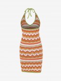 Zig-zag Striped Pointelle Knit Open Back Halter Dress