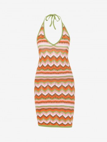 Zig-zag Striped Pointelle Knit Open Back Halter Dress
