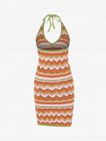 Zig-zag Striped Pointelle Knit Open Back Halter Dress
